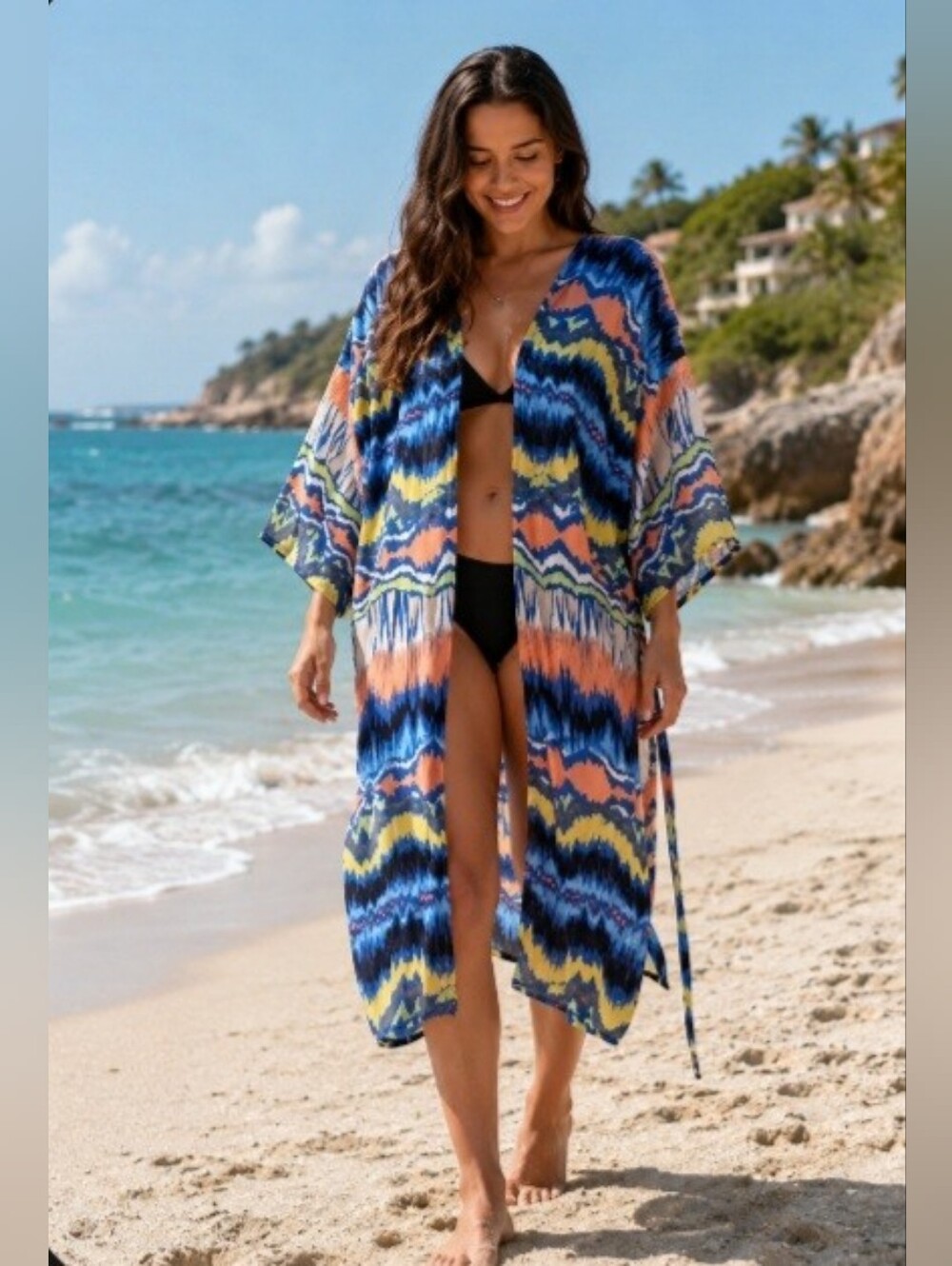 Blue Black White Orange Bohemian Swimsuit Coverup NWOT Size O/S Coastal Beach